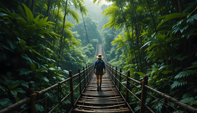 A traveler with a backpack walking across a wooden suspension bridge in a lush tropical rainforest