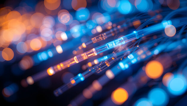 Abstract background of glowing fiber optic cables transmitting data signals in blue and orange light
