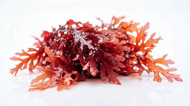 Fresh red algae seaweed branch with wet texture on white background