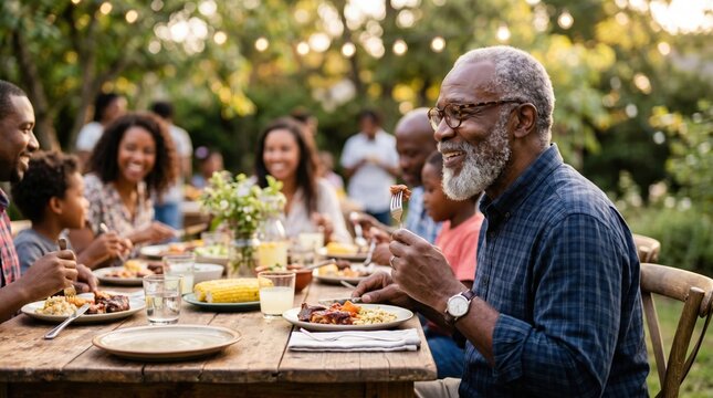 Smiling african american senior man eating dinner at a backyard table with family outdoors. Multigenerational relatives sharing a summer meal together in a garden setting