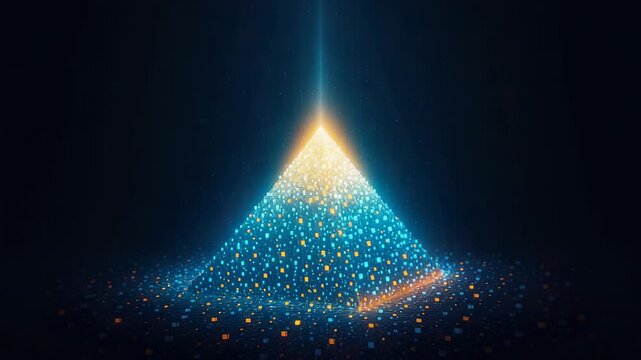 Glowing particle pyramid rising from dotted blue halo