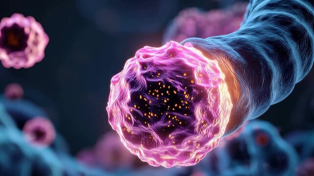 Medical animation shows colorectal cancer development in a male body highlighting cellular changes and growth patterns over time