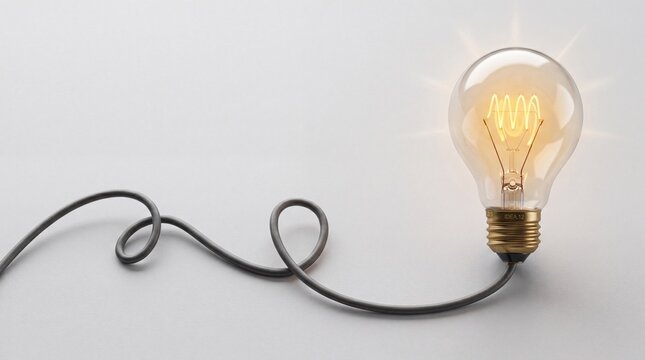 Glowing light bulb with a curved grey power cable on a plain white background