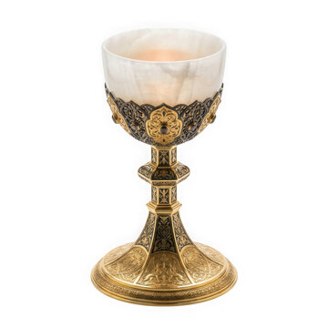 Ornate Gold Chalice with Lit Candle and Black and White Decorative Base on Stand