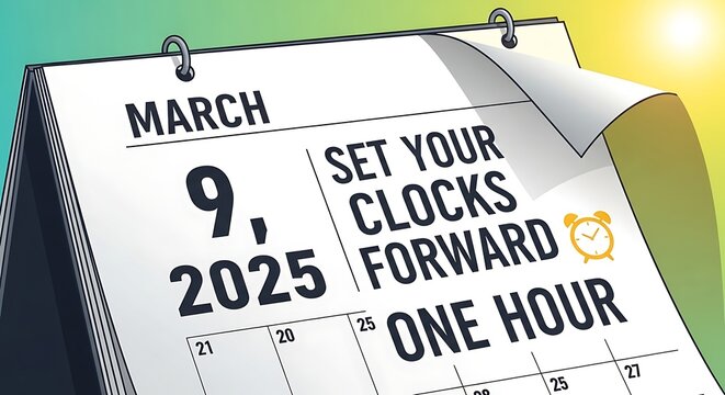 Calendar page showing March 9, 2025, with DST reminder