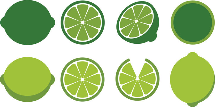 Set of vector illustrations of fresh green lemon or lime whole, half, sliced ​​and in wedges. Colorful Citrus Fruits Assortment: Lemons, Grapefruits, Limes - Flat Design. Lemon fruit cartoon illustrat