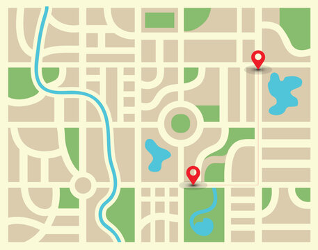 An overhead view of a stylized city map featuring a winding blue river, green park areas, and a grid of streets marked with two red location pins indicating points of interest.