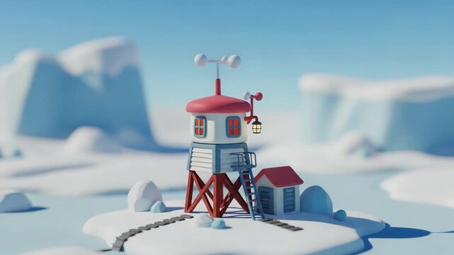Stylized 3D Arctic Weather Station Outpost on Snowy Island for Meteorological Research and Climate Science Concepts in Minimalist Low Poly Design