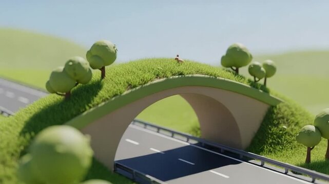 3D Render of an Eco Bridge Wildlife Crossing Over a Highway for Animal Migration Safety and Sustainable Infrastructure Concept Design
