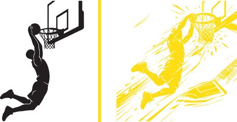 Dynamic vector illustrations of a basketball player executing a powerful slam dunk. Features a clean black graphic silhouette alongside an energetic yellow layout with speed lines on a white backgroun © Muhammad