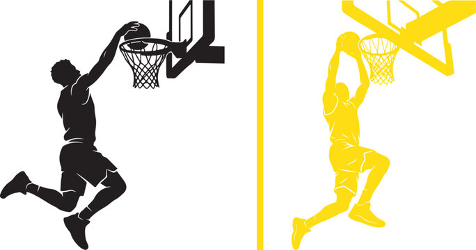 Split vector illustration of a basketball player mid-dunk; the left shows a clean black silhouette with jersey number 24, while the right features a vibrant yellow sketch with speedy action lines.