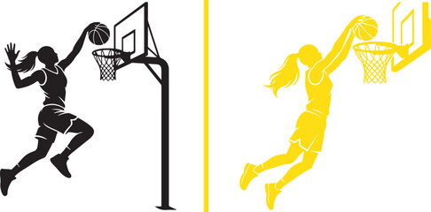 A split vector illustration featuring a female basketball player with a ponytail driving to the hoop  the left shows a crisp black silhouette, and the right shows a vibrant yellow action pose. © Muhammad