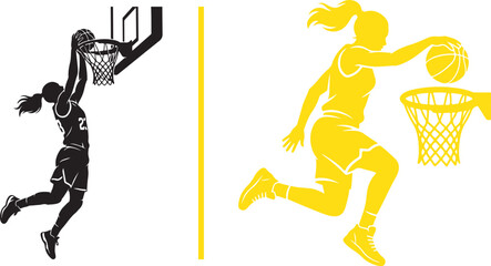 Dynamic vector illustrations of female basketball players soaring high to execute a powerful slam dunk. Minimalist clean-cut silhouettes in black and yellow isolated on a white background. © Muhammad
