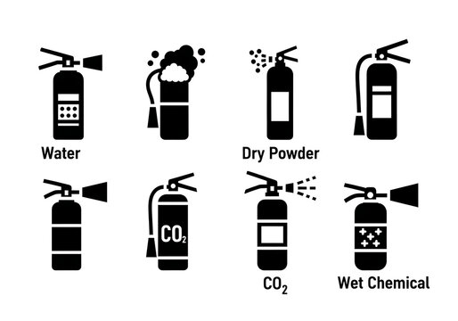 Fire extinguisher types glyph icon set isolated on transparent background for safety design