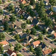 Fototapeta premium Neighborhood houses and streets during daylight in a suburban area with trees and cars around