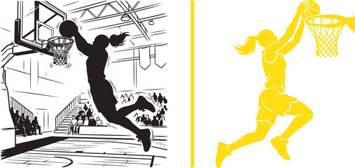 Dynamic vector illustrations of female basketball players leaping high for a powerful slam dunk. Features a detailed indoor court background sketch and a clean yellow silhouette on a white background. © Muhammad