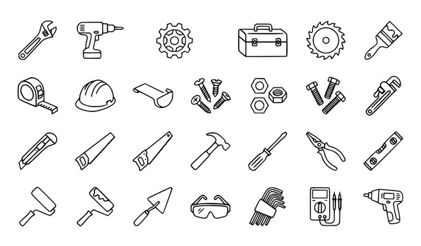 Modern Tool Kit Icon Collection with Industrial Equipment and Gear Vector Symbols