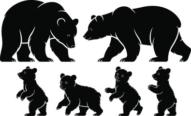 Black bear silhouettes with cubs in various poses on white background baby bear © Vectorplanet