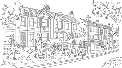 Obraz na płótnie Canvas Black and white illustration of people walking their dogs on a sidewalk in front of row houses with trees and fences.