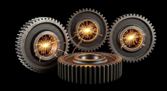 Industrial gears, mechanical wheels, glowing orange, metallic texture