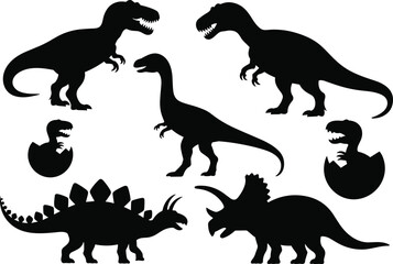 Collection of black dinosaur silhouettes including T Rex Stegosaurus Triceratops and hatching babies © Vectorplanet