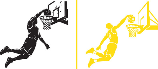 Split vector illustration of a basketball player executing a powerful slam dunk  features a solid black silhouette on the left and a stylized bright yellow graphic on the right. © Muhammad