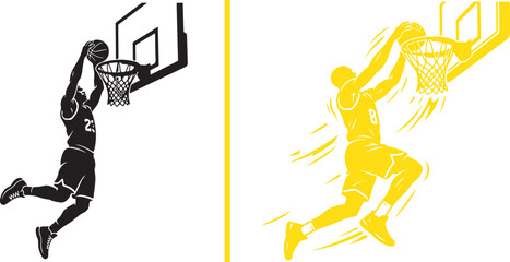Dynamic vector illustrations of basketball players hanging on the rim during a powerful slam dunk. Minimalist black and yellow sports silhouettes with action lines on a white background. © Muhammad