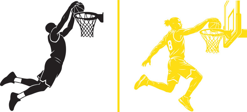 Dynamic vector illustrations of basketball players scoring a powerful slam dunk. Minimalist clean-cut silhouettes in black and yellow colors isolated on a white background.