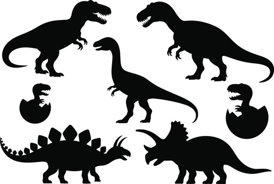 Collection of black dinosaur silhouettes including T Rex Stegosaurus Triceratops and hatching babies