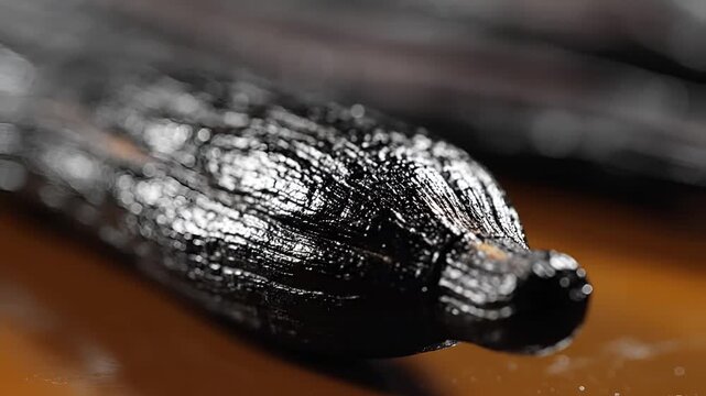 Closeup Macro Shot of a Dark Rich Vanilla Bean on a Wooden Surface.