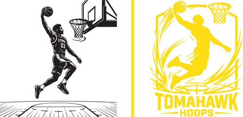 Dynamic vector graphics of a basketball player executing a powerful tomahawk dunk. Features a detailed black sketch and a yellow framed emblem style logo isolated on a white background. © Muhammad