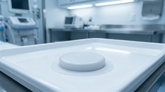 Minimalist Wearable Biosensor Patch on Sterile White Medical Tray