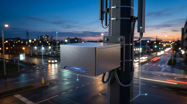Sleek Edge Computing Micro-Server Mounted on Modern Smart City Pole