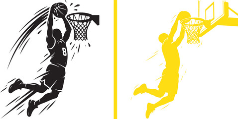 Vector graphics of a male basketball player jumping high for a slam dunk, presented in a black dynamic sketched style with motion lines and a clean, solid yellow silhouette variation.  © Muhammad