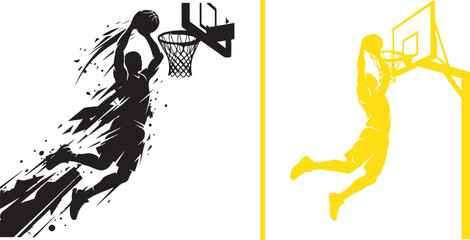 Dynamic vector illustrations of basketball players jumping high for a powerful slam dunk. Features energetic motion paint splatters and minimalist black and yellow silhouettes on a white background. © Muhammad