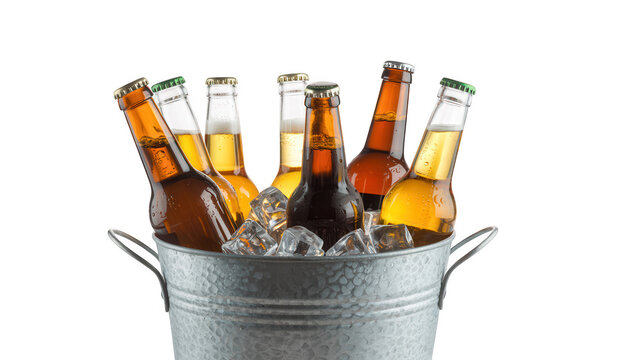 Cold beer bottles in a metal bucket with ice cubes isolated on transparent background