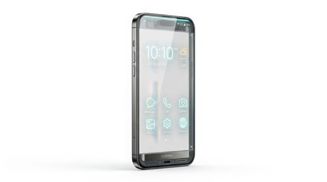 Modern smartphone with glass screen protector, durable mobile phone case for device protection, sleek touchscreen cellular phone with interface isolated on White Background