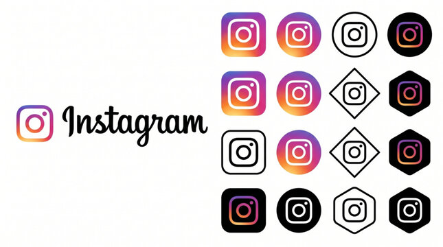 Instagram social media icon set and logo vector illustration. Collection of various app button shapes including rounded square, circle, diamond, and hexagon in gradient and black white styles.