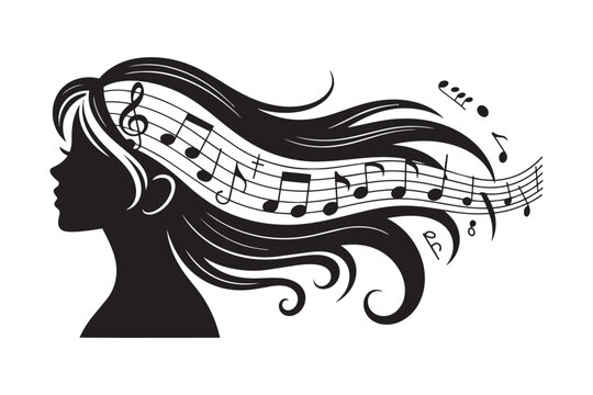 A graceful womans head in silhouette with her flowing hair creatively transforming into musical notes and staffs