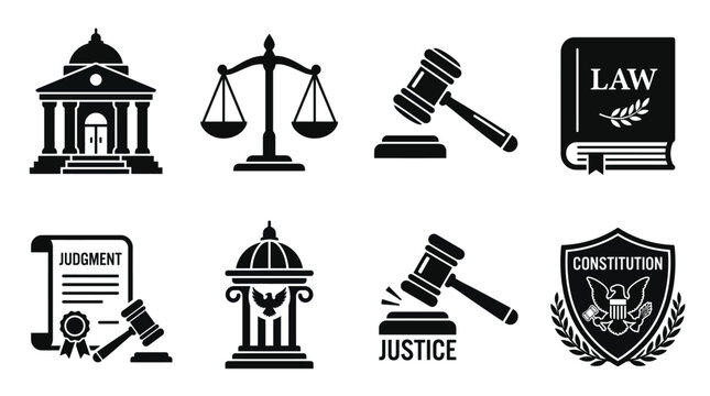Vector law justice icons set with courthouse, scales, gavel, legal book, shield star laurel, scroll quill, sword scales, governance authority illustration