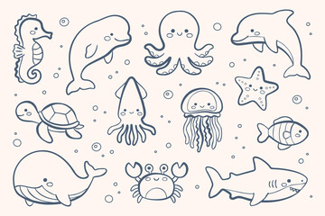 Fototapeta premium Cute sea animals set in naive doodle style. Whale, dolphin, shark, octopus, crab, jellyfish, fish and more. Minimal outline vector illustration for kids design, nursery, print, pattern and education.