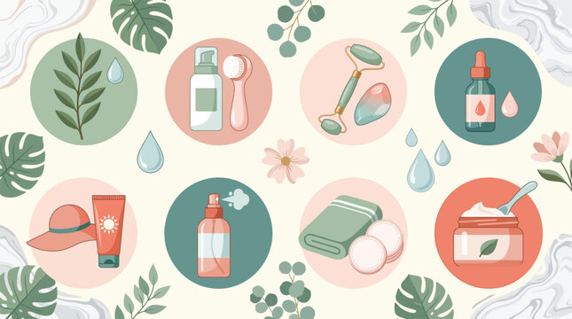 Flat vector illustration of skincare and beauty routine icons including face roller, serum bottle, sunscreen, facial cleanser, and moisturizer jar with botanical leaves and petals.