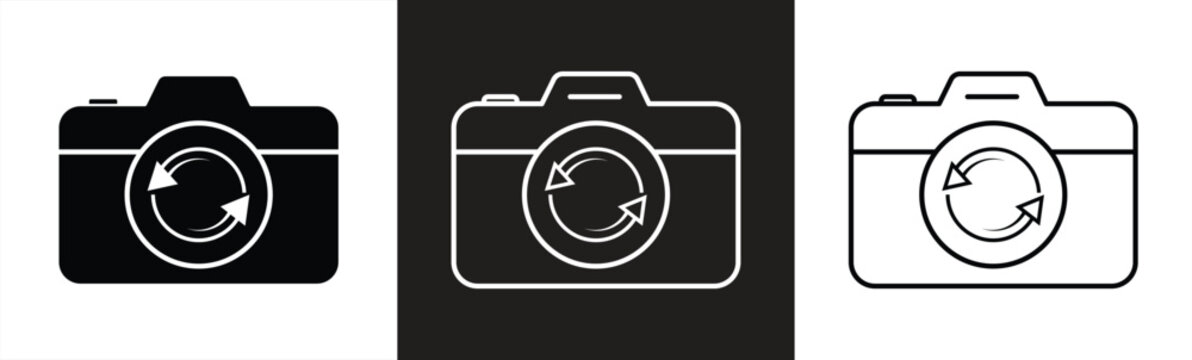 Camera icon set and rotation arrow. Flip and change cameras, switch from front to back camera. Photo camera symbol, flip camera. Vector. EPS10.