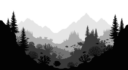 Fototapeta premium Majestic mountain range landscape with evergreen trees and rolling hills.