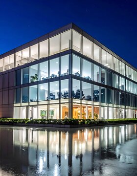 Modern office building at night reflection.