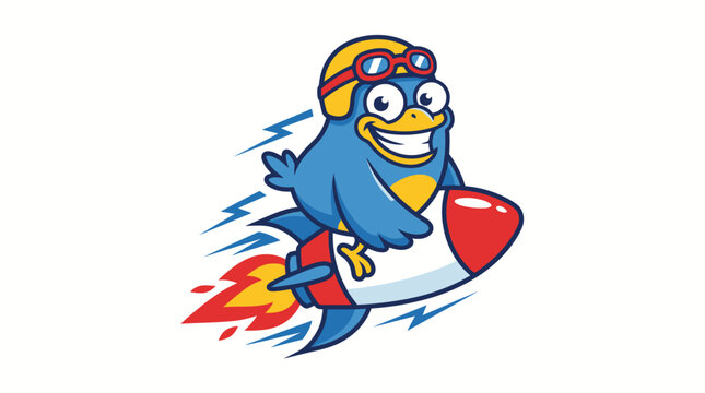 Energetic cartoon bird character flying on a speedy rocket with pilot gear