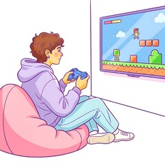 Fototapeta premium Young gamer in a hoodie playing a retro platformer video game at home.