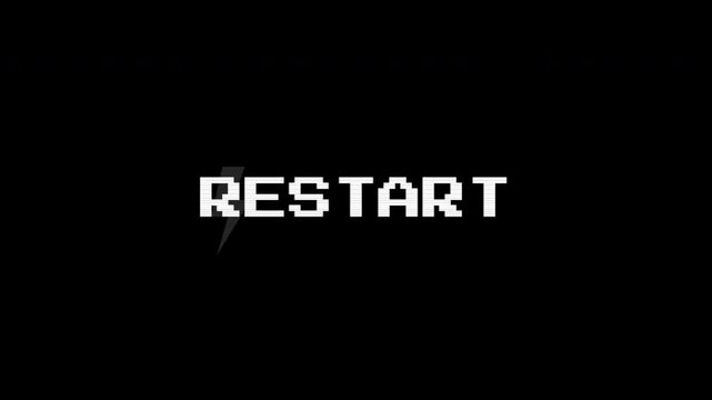 Pixel Art Restart Text with Lightning Bolt Icon Animation on Black Background 4k video