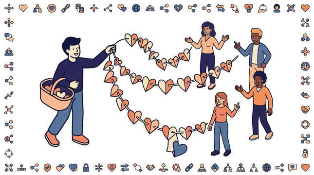 Vector illustration featuring a man pulling strings of heart banners from a basket toward a diverse group of people, framed by a border of social networking and connectivity icons.