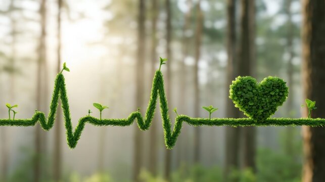 Green heartbeat line made of grass with small plant sprouts and heart shape symbolizing life energy ecology and environmental health concept in forest background